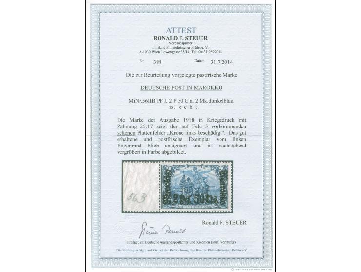 1911, Germania mit Wz. 2 Pes. 50 Cts. auf 2 M. schwärzlichblau, Kriegsdruck 25:17 Zähnungslöcher, linkes Seitenrandstück mit 