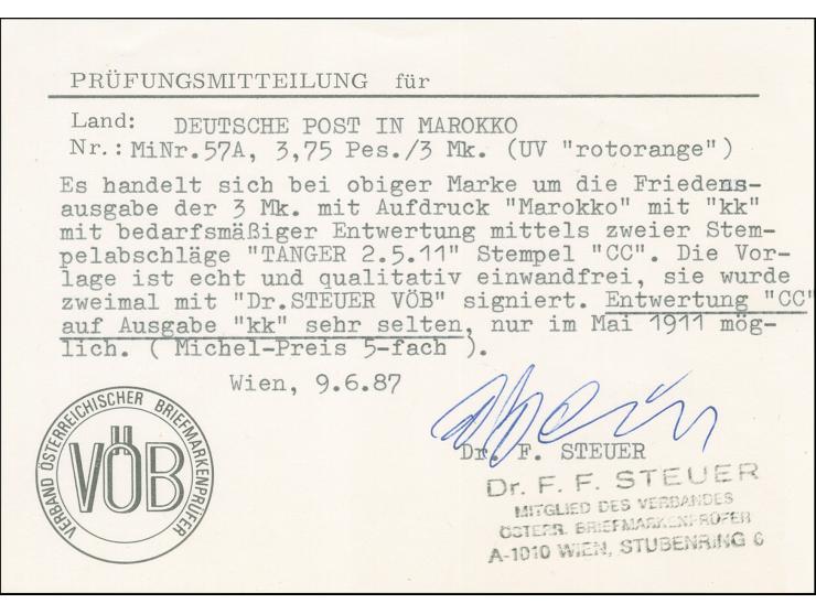 1911/19, Germania mit Wz. 3 P. 75 C. auf 3 M. schwärzlichviolett, Friedensdruck, sauber gestempelt “TANGER (MAROCCO) 2.5.11”,