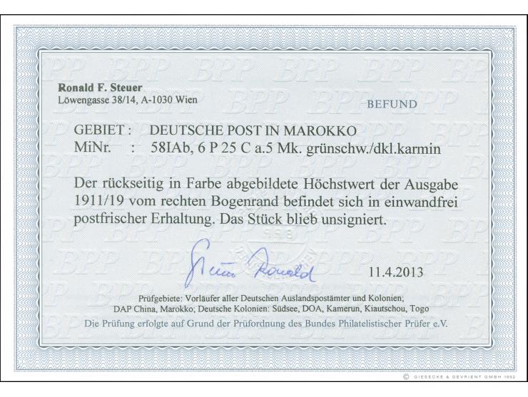 1911/19, Germania mit Wz. 6 P. 25 C. auf 5 M. grünschwarz/dunkelkarmin, Friedensdruck, rußiger Aufdruck, rechtes Seitenrandst