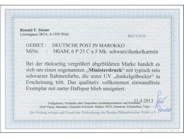 1911, Germania mit Wz. 6 Pes. 25 Cts. auf 5 M. schwarz/dunkelkarmin, Ministerdruck, sauber ungebraucht, tadellos, tadellos, F