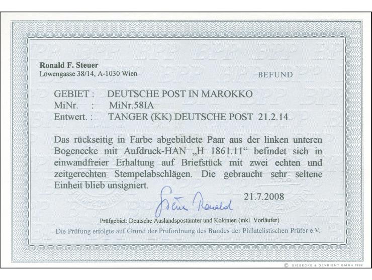 1911/19, Germania mit Wz. 6 P. 25 C. auf 5 M. grünschwarz/dunkelkarmin, Friedensdruck, Aufdruck glänzend, waagerechtes Paar a