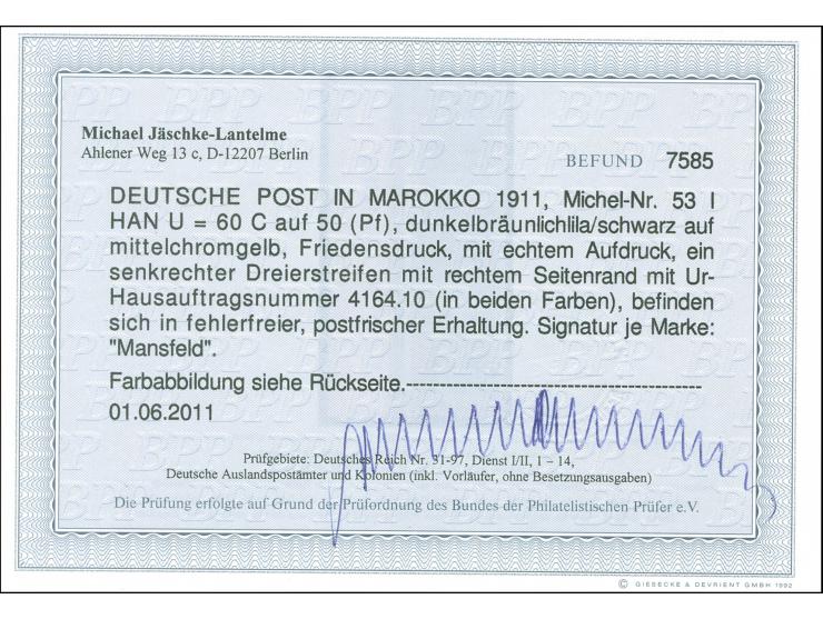 1911, Germania mit Wz. 60 C. auf 50 Pfg. dunkelbräunlichlila/schwarz auf mittelchromgelb, senkrechter Dreierstreifen vom rech