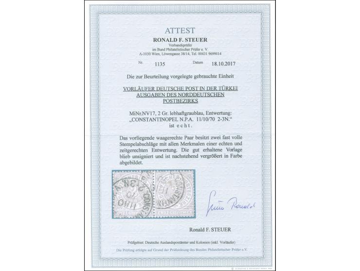 1870, Ziffer im Kreis 2 Kr. lebhaftgraublau, waagerechtes Paar, sauber gestempelt “CONSTANTINOPEL N.P.A. 11/10/70”, tadellos,