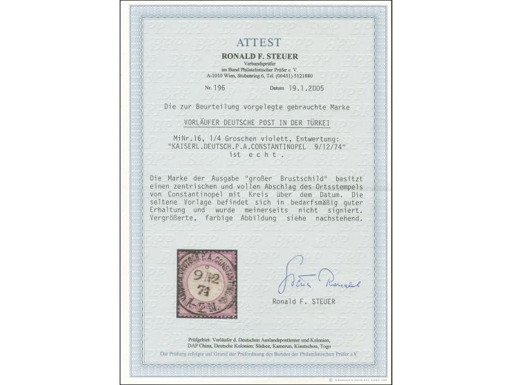1872, Großer Schild ¼ Gr. violett, sauber gestempelt “KAISERL.DEUTSCH.P.A. CONSTANTINOPEL 9/12/74”, tadellos, seltene Entwert