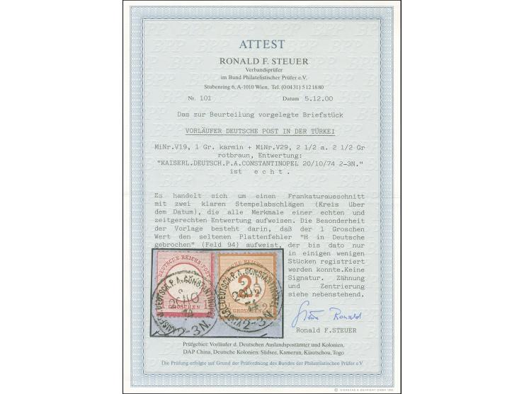 1872, Großer Schild 1 Kr. karmin mit Plattenfehler “H in Deutsche gebrochen” (Feld 94) und 2 ½ auf 2 ½ Gr. rotbraun mit Stemp