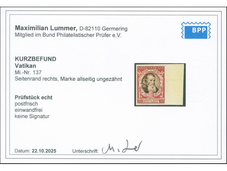 1946, Council of Trent 10 l. imperforated, copy with right sheet margin, mnh,vf. Opinion Lummer BPP&nbsp;