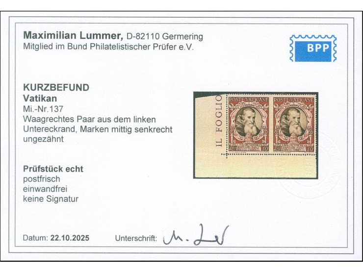 1946,Council of Trent 10 l. in horizontal pair, imperforated in centre, mnh, vf. Opinion Lummer BPP&nbsp; &nbsp;&nbsp;