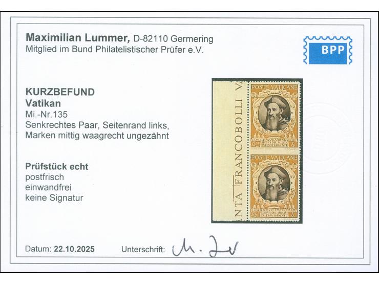1946,Council of Trent 4 l. in vertical pair, imperforated in centre, mnh, vf. Opinion Lummer BPP&nbsp; &nbsp;&nbsp;