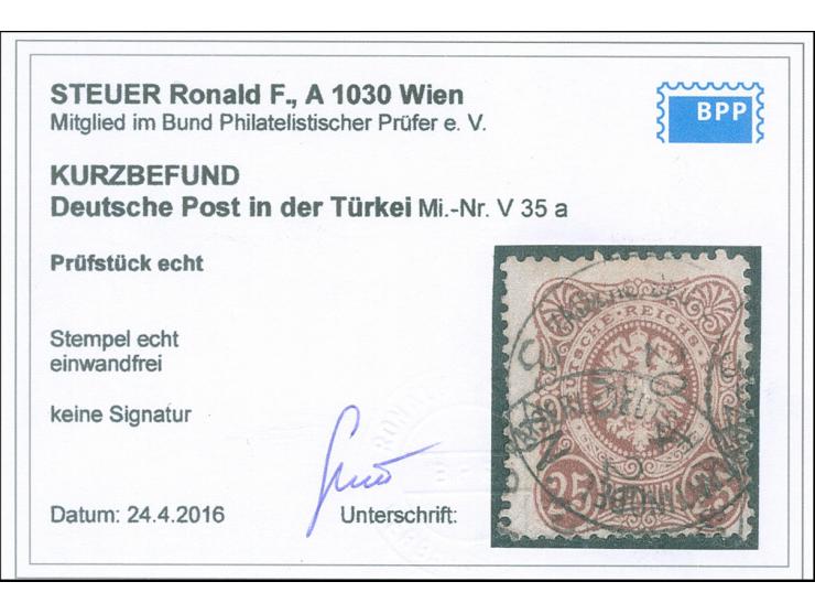 1875/80, Pfennige 25 Pfg. rötlichbraun, sauber gestempelt “KAISERL.DEUTSCH.P.A. CONSTANTINOPEL 20.4.”, tadellos, Kurzbefund S