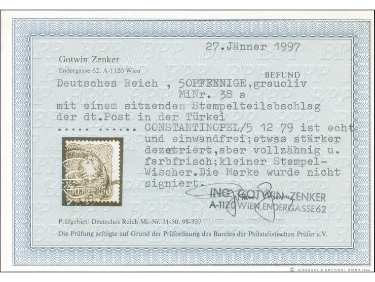 1875/80, Pfennige 50 Pfg. graugrün, sauber gestempelt mit blauem Stempel “KAISERL.DEUTSCH.P.A. CONSTANTINOPEL 5.12.79”, tadel