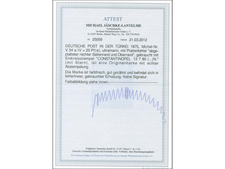 1875, Pfennige 20 Pfg. ultramarin, mit Plattenfehler “abgeplatteter rechter Seitenrand und Oberrand”, sauber gestempelt “KAIS