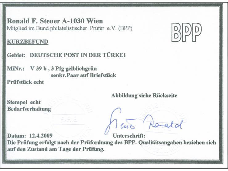 1880 Pfennig 3 Pfg. gelblichgrün, senkrechtes Paar, sauber gestempelt “CONSTANTINOPEL 1 DEUTSCHE POST 5 4 84” auf Briefstück,