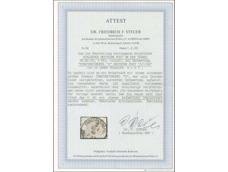 1880, Pfennig 5 Pfg. violett, sauber gestempelt “CONSTANTINOPEL 2 DEUTSCHE POST 15 1 84” auf Briefstück, tadellos, Fotoattest