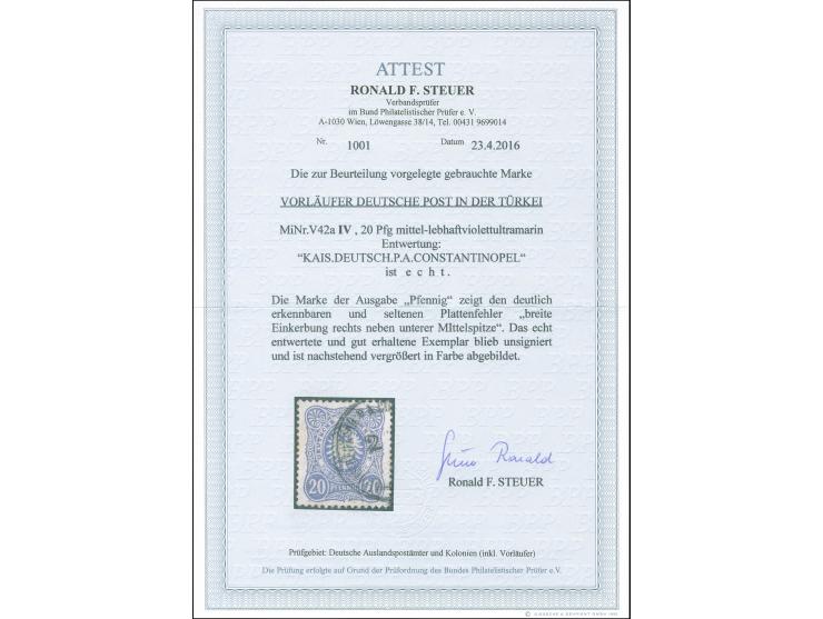 1880, Pfennig 20 Pfg. lebhaftviolettultramarin, mit Plattenfehler “breite Einkerbung rechts neben unterer Mittelspitze”, gest