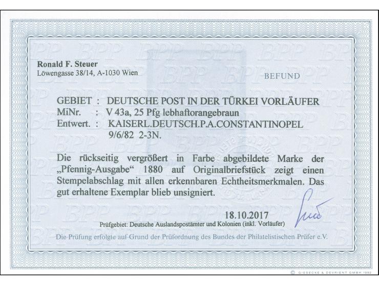 1880, Pfennig 25 Pfg. lebhaftorangebraun, sauber gestempelt “KAISERL.DEUTSCH.P.A. CONSTANTINOPEL 9/6 82” auf Briefstück, tade