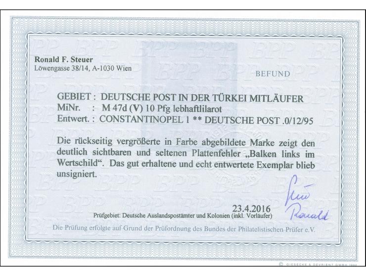 1889/94, Krone/Adler 10 Pfg. lebhaftlilarot (UV rot), mit Plattenfehler “Balken links im Wertschild”, sauber gestempelt “CONS