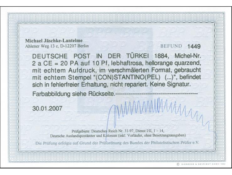 1884, Aufdruck auf Pfennig 20 Pa. auf 10 Pfg. lebhaftrosa, verschmälertes Format, sauber gestempelt “CONSTANTINPEL", tadellos