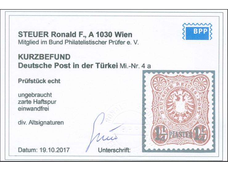 1884, Aufdruck auf Pfennig 1 ¼ Pia. auf 25 Pfg. mittelgelbbraun, sauber ungebraucht, tadellos, sign. u. a. Bothe, Kurzbefund 