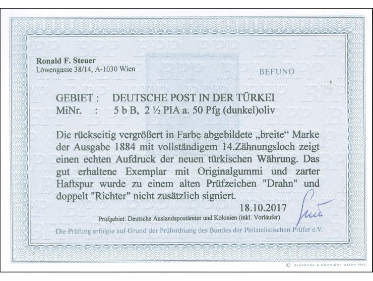 1884, Aufdruck auf Pfennig 2 ½ Pia. auf 50 Pfg. oliv, breite Marke, sauber ungebraucht, tadellos, sign. u. a. Drahn, Fotobefu