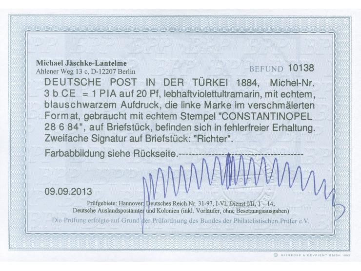 1884, Aufdruck auf Pfennig Aufdruck blauschwarz 1 Pia. auf 20 Pfg. lebhaftviolettultramarin, verschmälertes Format, sauber ge