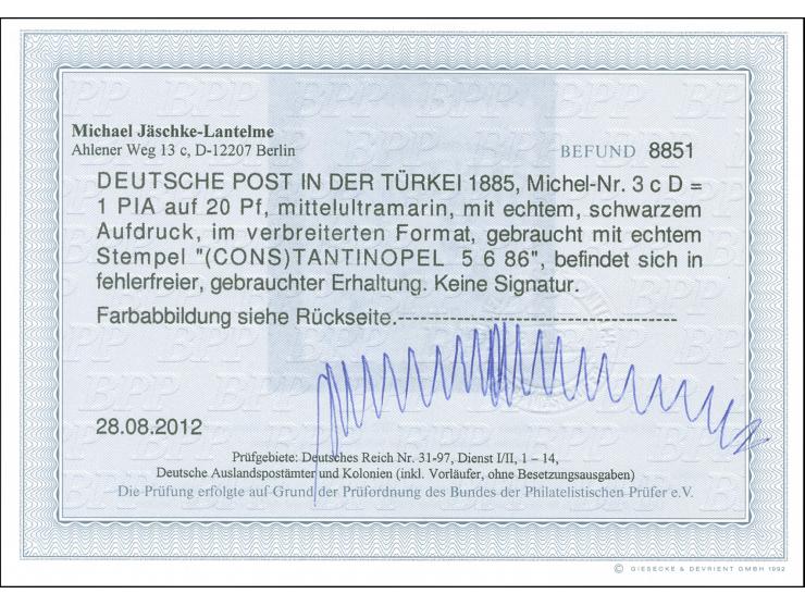1884, Aufdruck auf Pfennig 1 Pia. auf 20 Pfg. lebhaftkobalt, verbreitertes Format, sauber gestempelt “CONSTANTINOPEL 2 DEUTSC