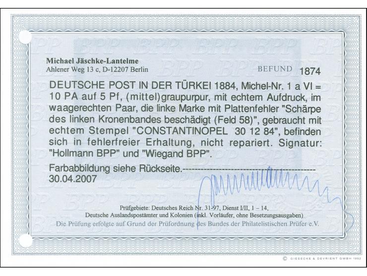1884, Aufdruck auf Pfennig 10 Pa. auf 5 Pfg. graupurpur, waagerechtes Paar mit Plattenfehler “Schärpe des linken Kronenbandes