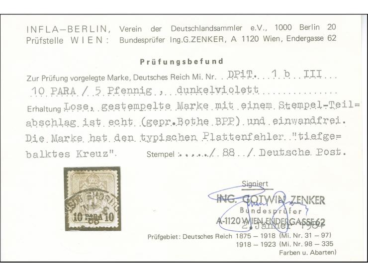 1884, Aufdruck auf Pfennig 10 Pa. auf 5 Pfg. violettpurpur, mit Plattenfehler “Querstrich im Kreuz der Krone tieferstehend”, 
