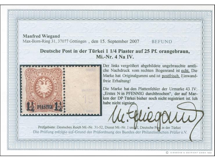 1884, Pfennig 1 ¼ P. auf 25 Pfg. orangebraun, Nachdruck, rechtes Seitenrandstück mit Plattenfehler “Erstes N in Pfennig durch
