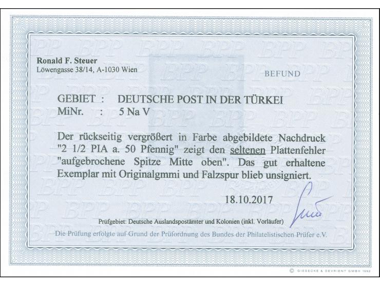 1884, Pfennig 2 ½ P. auf 50 Pfg oliv, Nachdruck, mit Plattenfehler “aufgebrochene Spitze Mitte oben”, sauber ungebraucht, tad