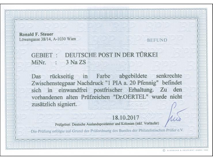 1884, Pfennig 1 P. auf 20 Pfg. ultramarin, Nachdruck, senkrechtes Zwischenstegpaar, postfrisch, tadellos, sign. Dr. Oertel, F