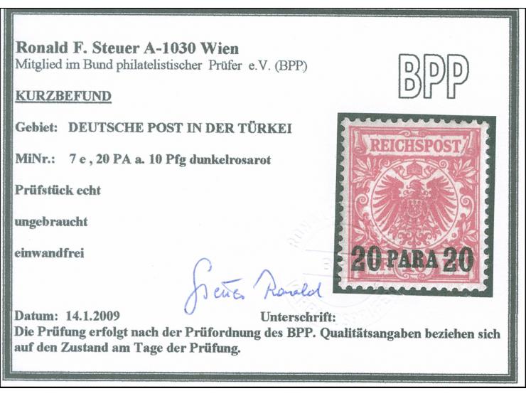 1889, Krone/Adler 20 Pa. auf 10 Pfg. dunkelrosarot, sauber ungebraucht, tadellos, sign. u. a. Wiegand BPP, Kurzbefund Steuer 