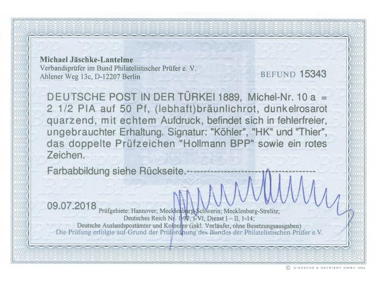 1889, Krone/Adler 2 ½ Pia. auf 50 Pfg. bräunlichrot, sauber ungebraucht, tadellos, signiert u. a. HK, Hollmann BPP, Fotobefun