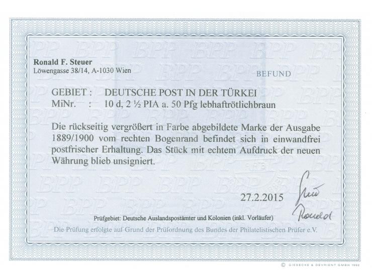 1889, Krone/Adler 2 ½ Pia. auf 50 Pfg. lebhaftrötlichbraun, rechtes Seitenrandstück, postfrisch, tadellos, unsigniert, Fotobe
