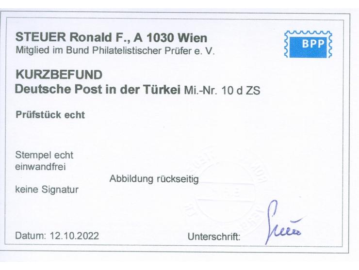 1889, Krone/Adler 2 ½ Pia. auf 50 Pfg. lebhaftrötlichbraun, senkrechtes Zwischenstegpaar, sauber gestempelt “CONSTANTINOPEL 1
