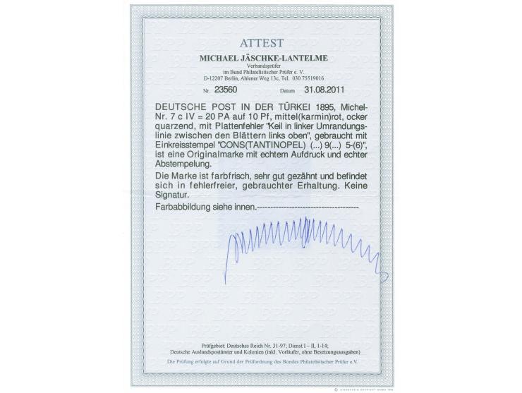 1889, Krone/Adler 20 Pa. auf 10 Pfg mittelkarminrot (ocker quarzend), mit Plattenfehler “Keil in linke Umrandungslinie zwisch