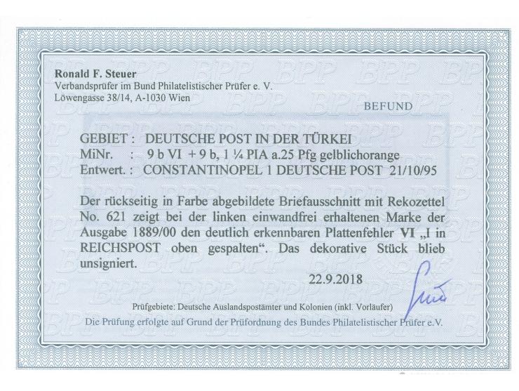 1889, Krone/Adler 1 ¼ Pia. auf 25 Pfg. gelblichorange, mit Plattenfehler “I in Reichspost oben gespalten”, sauber gestempelt 