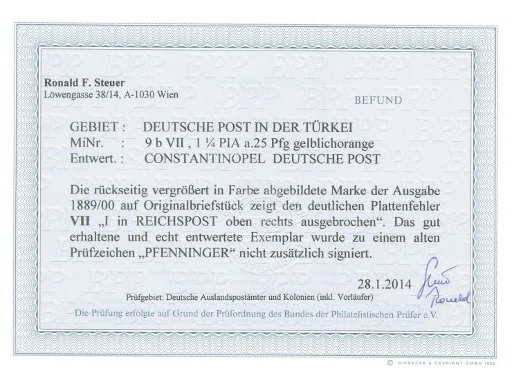1889, Krone/Adler 1¼ Pia. auf 25 Pfg. gelblichorange, mit Plattenfehler “I in Reichspost oben ausgebrochen”, sauber gestempel