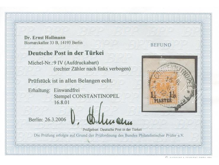 1889, Krone/Adler 1¼ Pia. auf 25 Pfg. gelblichorange, mit Aufdruckfehler “rechter Zähler ¼ nach links verbogen”, sauber geste