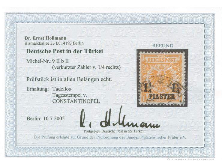 1889, Krone/Adler 1¼ Pia. auf 25 Pfg. gelblichorange, mit Aufdruckfehler “1 vom rechten ¼ verkürzt”, gestempelt “CONSTANTINOP