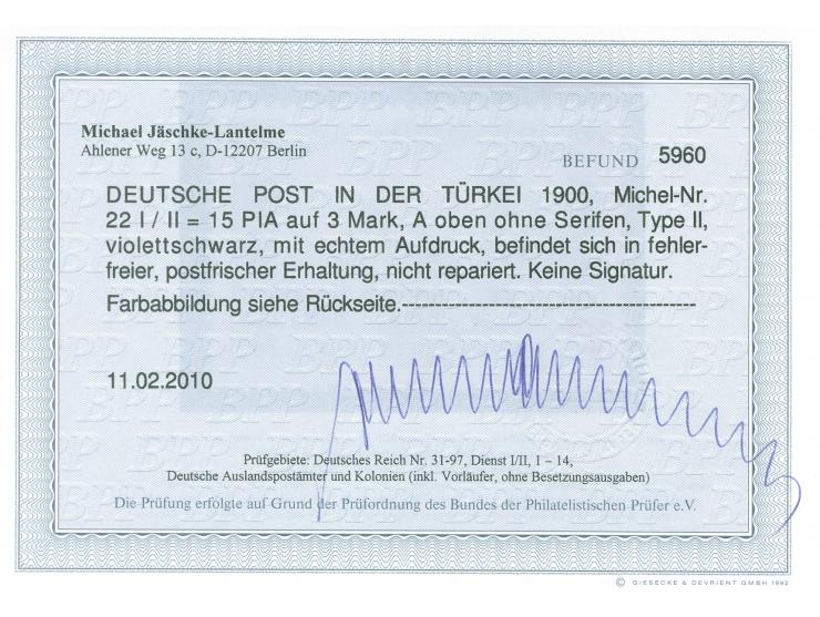 1900, Germania 15 Pia. auf 3 M. violettschwarz, Urmarkentype II, postfrisch, tadellos, unsigniert, Fotobefund Jäschke-L. BPP 