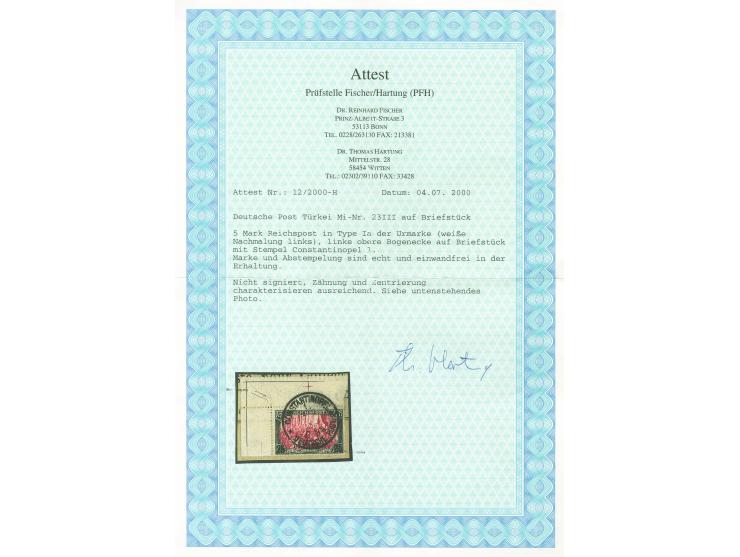 1900, Germania 25 Pia. auf 5 M. grünschwarz/bräunlichkarmin, Type I, Nachmalung mit &nbsp;Rot und Deckweiß, linke obere Bogen