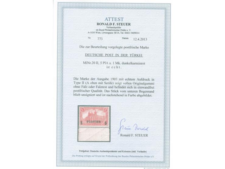 1902/04, Aufdrucktype II 5 Pia. auf 1 M. dunkelkarminrot, Unterrandstück, postfrisch, tadellos, unsigniert, Fotoattest Steuer