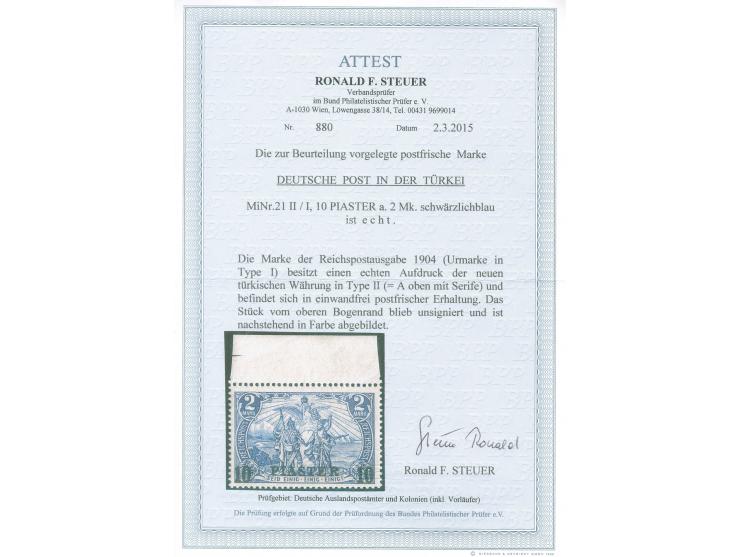 1902/04, Aufdrucktype II 10 Pia. auf 2 M. schwärzlichblau, Urmarke Type I, Oberrandstück, postfrisch, tadellos, unsigniert, F
