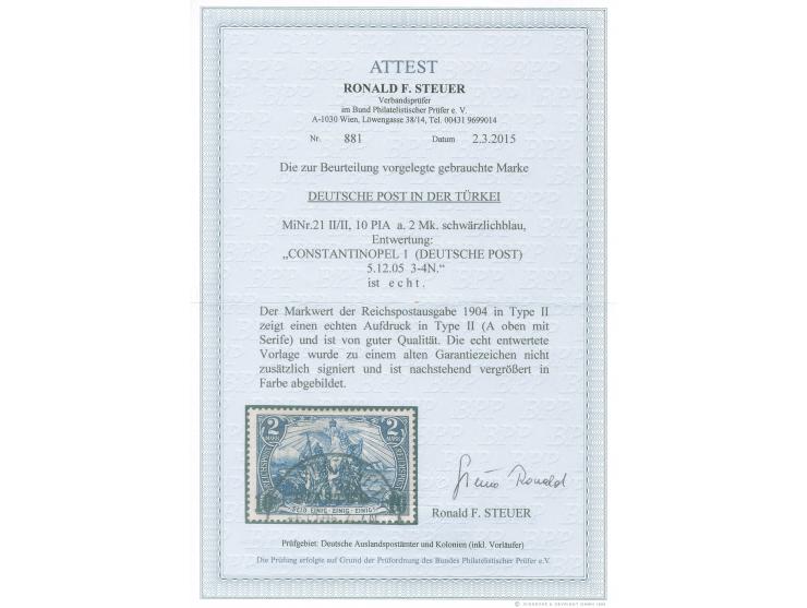 1902/04, Aufdrucktype II 10 Pia. auf 2 M. schwärzlichblau, Urmarke Type II, sauber gestempelt “CONSTANTINOPEL 1 DP 5.12.05”, 