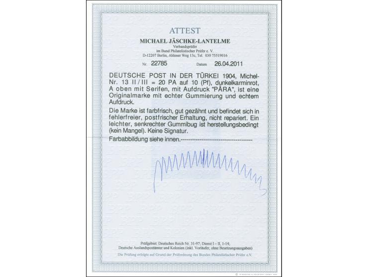 1902/04, Aufdrucktype II 20 P. auf 10 Pfg. dunkelkarminrot, Aufdruckfehler “PÄRA”, postfrisch, herstellungsbedingter senkrech