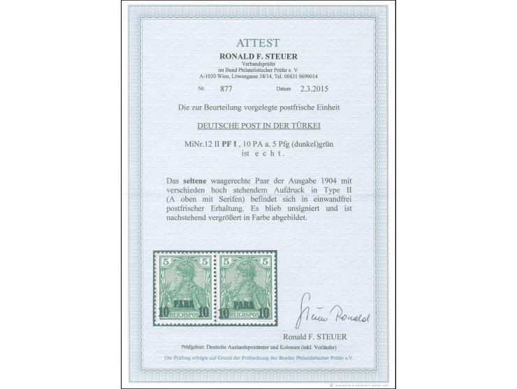 1902/04, Aufdrucktype II 10 P. auf 5 Pfg. dunkelgrün, waagerechtes Paar mit verschieden hoch stehendem Aufdruck, postfrisch, 