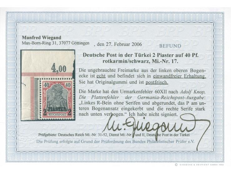 1900, Aufdrucktype I 2 Pia. auf 40 Pfg. rotkarmin/schwarz, linkes Seitenrandstück mit Plattenfehler “Linkes R-Bein ohne Serif
