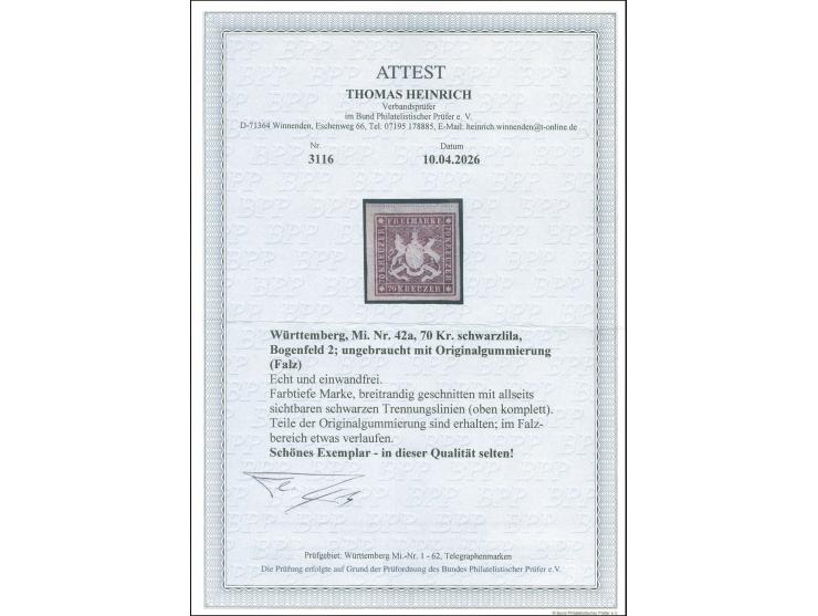 1873, 70 Kr. braunlila, Bogenfeld 2, farbfrisch, allseits breitrandig geschnitten, allseits sichtbare, oben komplette Trennun
