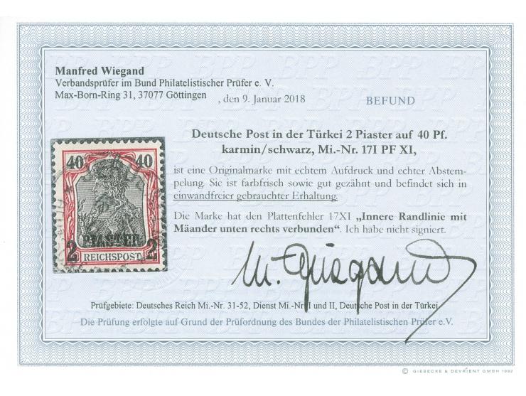 1900, Aufdrucktype I 2 Pia. auf 40 Pfg. dunkelrötlichkarmin/schwarz, mit Plattenfehler “innere Randlinie mit Mäander unten re