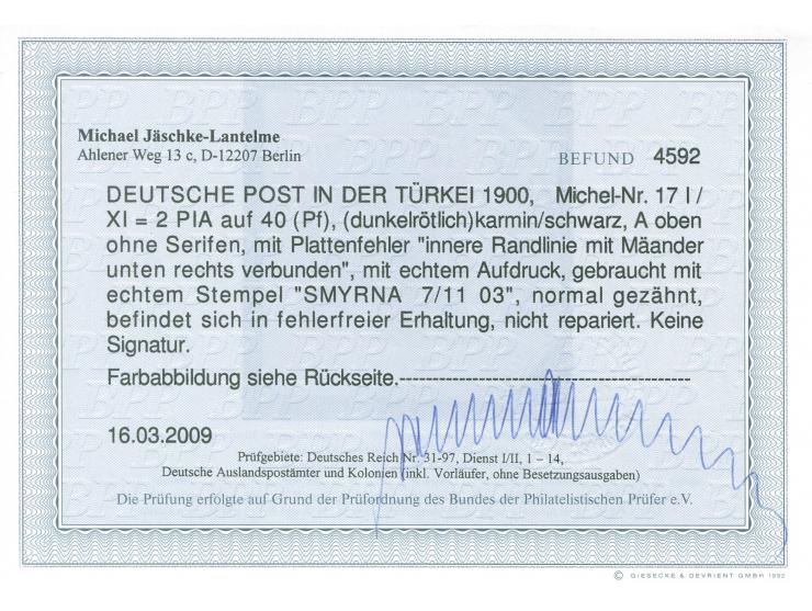 1900, Aufdrucktype I 2 Pia. auf 40 Pfg. dunkelrötlichkarmin/schwarz, mit Plattenfehler “innere Randlinie mit Mäander unten re
